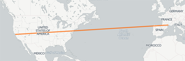 Map from Montpellier to San Francisco